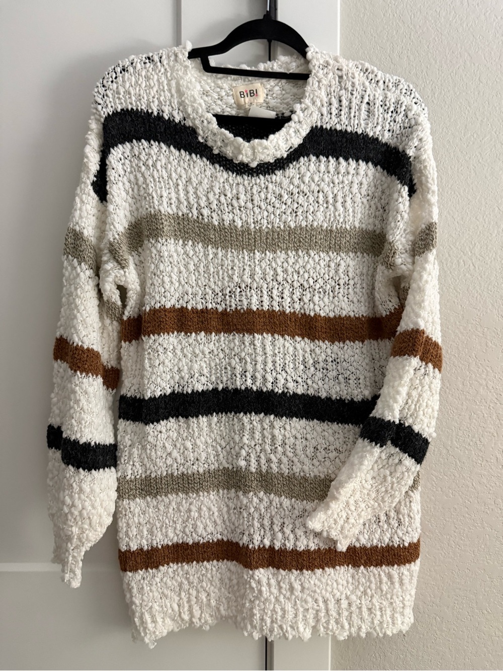BiBi Striped Popcorn Boucle Knit Sweater Size S Boho Balloon Sleeve